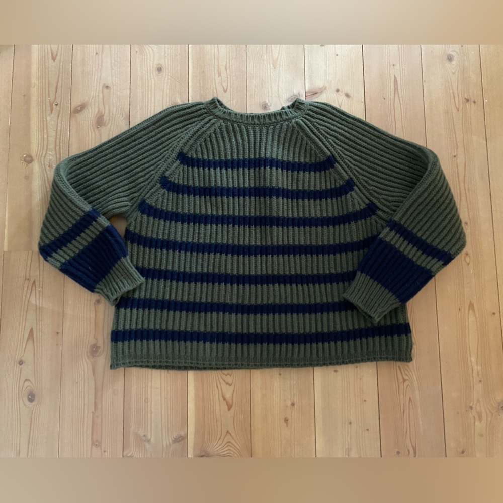 Striped Olive and Navy Women's Crew Neck Sweater